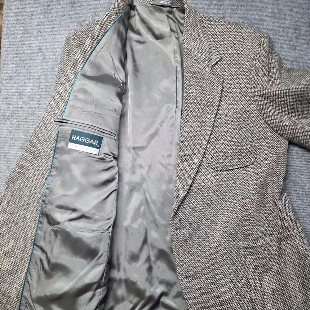 Haggar Gallery Mens Gray Wool Herringbone Blazer Elbow Patches Sport Coat 45R